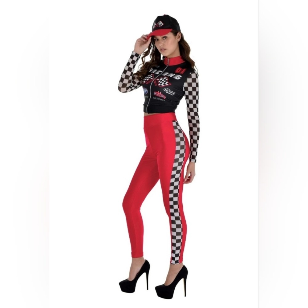 NWT Women's Racecar Driver Red Checkered Costume Set Size L & XL